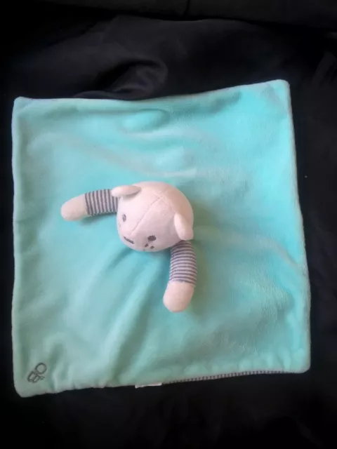 DOUDOU Peluche OBAIBI - OKAIDI OURS PLAT CARRE BLEU TURQUOISE RAYE 25 cm