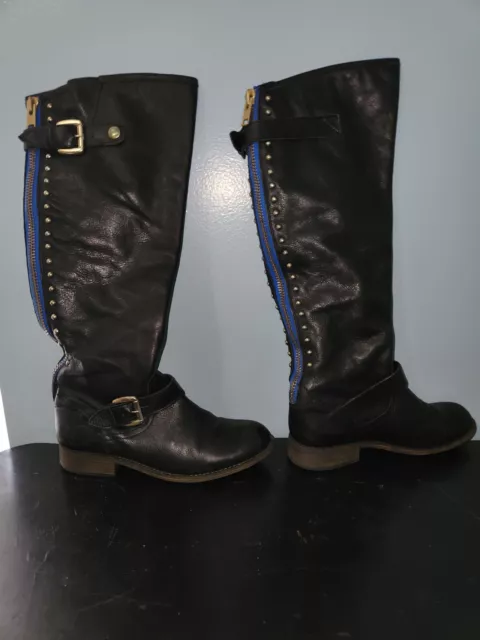 STEVE MADDEN Boots Womens 9.5M Black Leather Lynet Biker Harness Knee High 1"