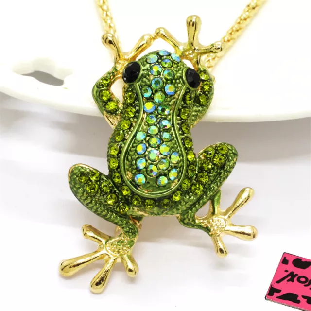 Fashion Women AB Green Rhinestone Cute Frog Crystal Pendant Chain Necklace