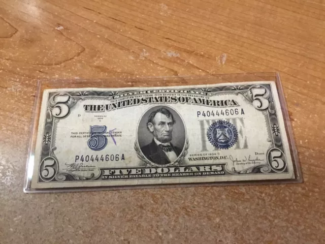 1934-C SERIES $5 Silver Certificate Blue Seal-4606 A