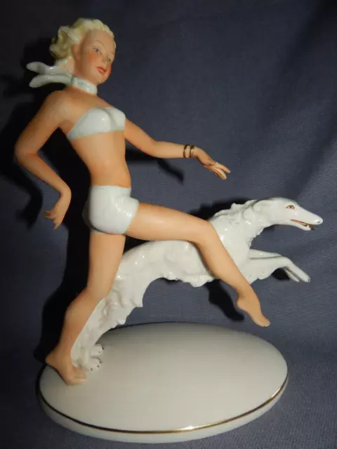 VINTAGE 1950's GOEBEL GERMANY PORCELAIN GIRL WITH BORZOI FIGURINE ~ MID-CENTURY