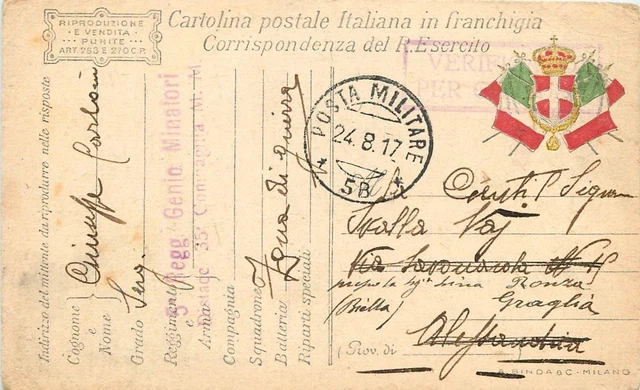 910 - Regno - Annullo posta militare 5B su franchigia militare F 9, 24/08/1917