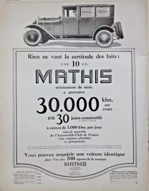 Publicité De Presse 1926 Voiture Mathis 10 Cv La Certitude Des Faits