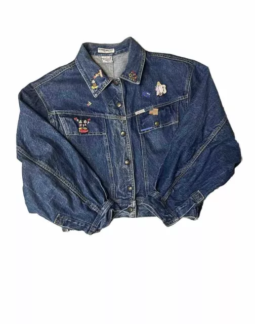 Guess Womens Vintage Georges Marciano Blue Crop Jean Jacket Size L Disney Pins