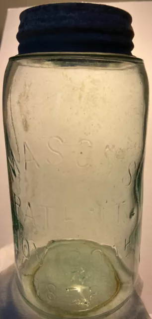 MASON'S PATENT NOV. 30TH 1858 Small Star Base Green Qt. Fruit Jar With Zinc Lid