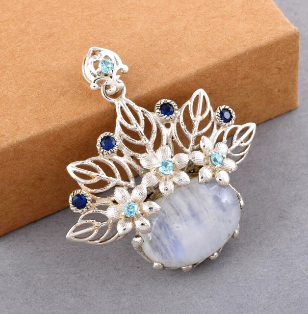 Natural Rainbow Moonstone Blue Topaz Kyanite White Rhodium Necklace