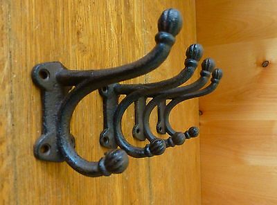 4 BROWN ANTIQUE-STYLE DOUBLE BALL COAT HOOKS 4" CAST IRON rustic wall hardware