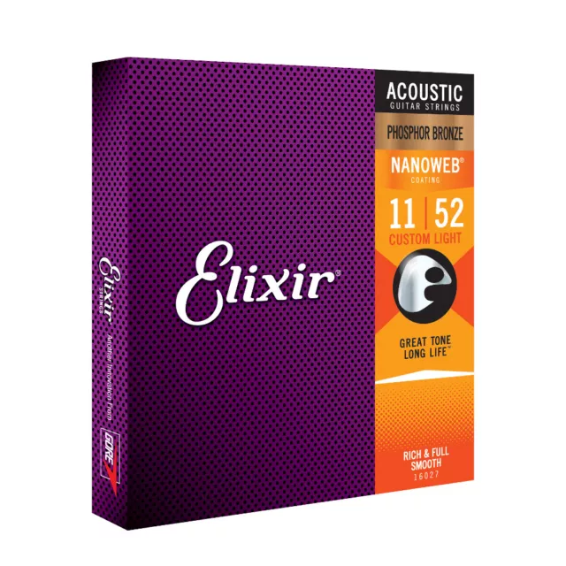 Elixir 16027 Nanoweb Phosphor Bronze Custom Light Acoustic Guitar Strings 11-52