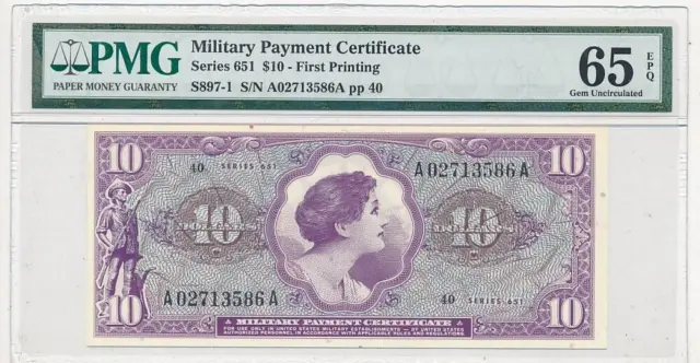 $10 Ten Dollar Military Payment Certificate-Series 651 First Printing-Pmg 65 Epq