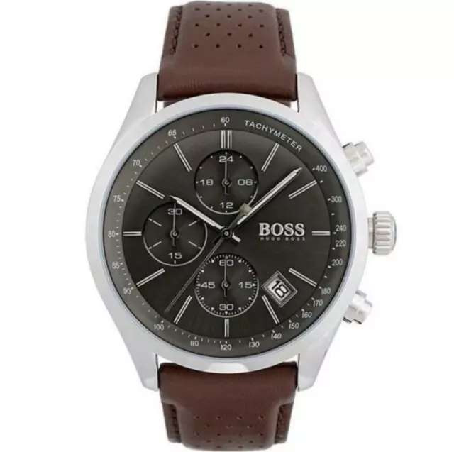 New Hugo Boss Mens Watch Genuine 1513476 Grand Prix Brown Strap & Grey Dial Uk