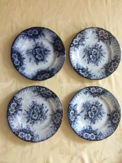 K & G Luneville Flow Blue Floral Gold Trim 8" Plate, Set of 4, c. 1891 France