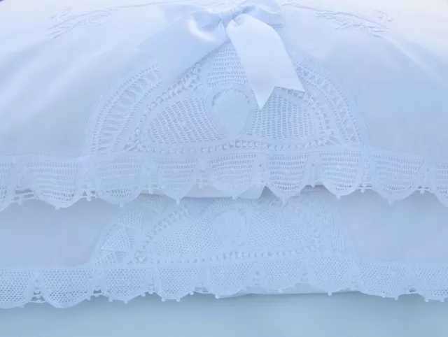 Unique Hand Embroidered Cotton Pillowcases  Handmade Lace Trims Lovely Bed 2pcs