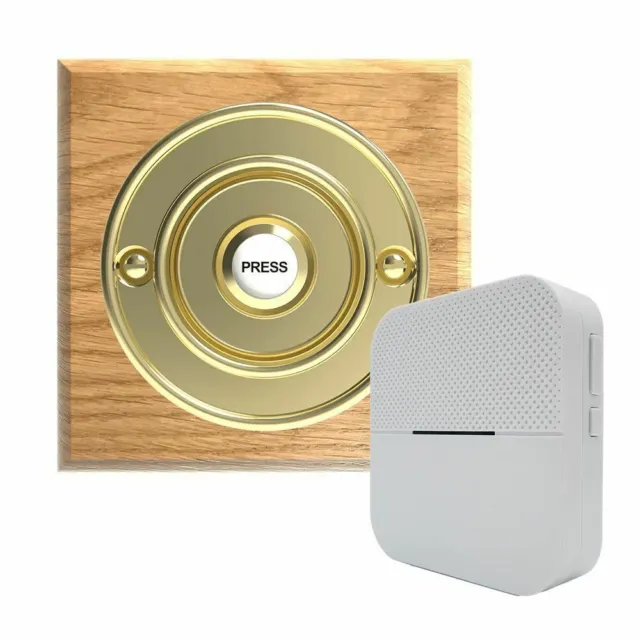 Traditional Square Wireless Doorbell in Natural Oak and Brass