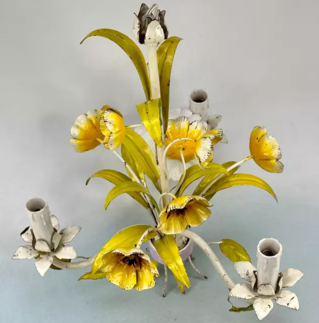 Vintage French 3 Arm Toleware Ceiling Light with Yellow Coloured Metal Flowers