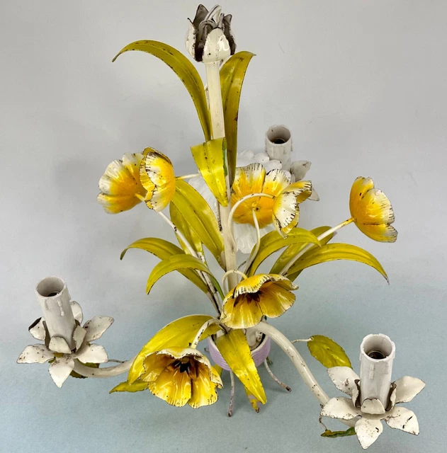 Vintage French 3 Arm Toleware Ceiling Light with Yellow Coloured Metal Flowers Vintage French 3 Arm Toleware Ceiling Light with Yellow Coloured Metal Flowers