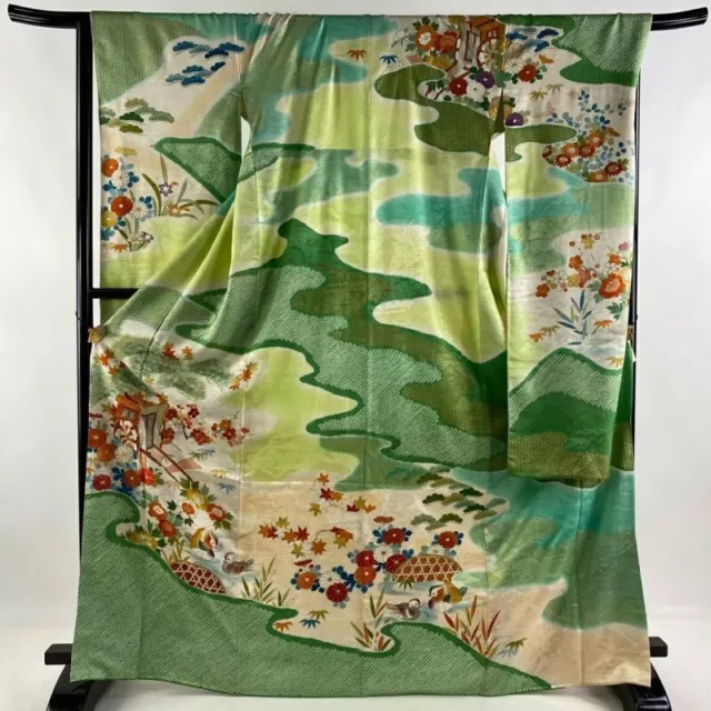 Japanese Kimono Furisode Pure Silk An Ox Drawn Coach Shouchikubai Light Green