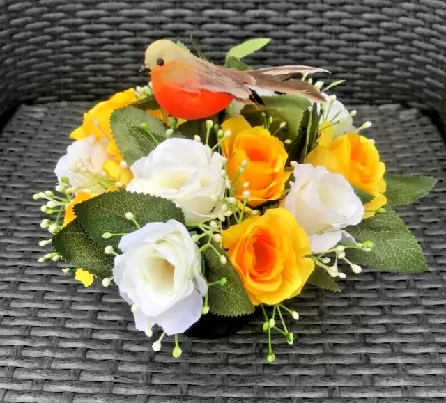 Artificial silk flowers memorial Crem Pot with robin Grave arrangement