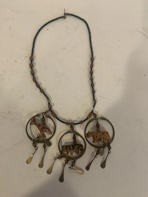 Vntg Necklace African Style Wooden Carved Animals Beads & Metal See All Photos