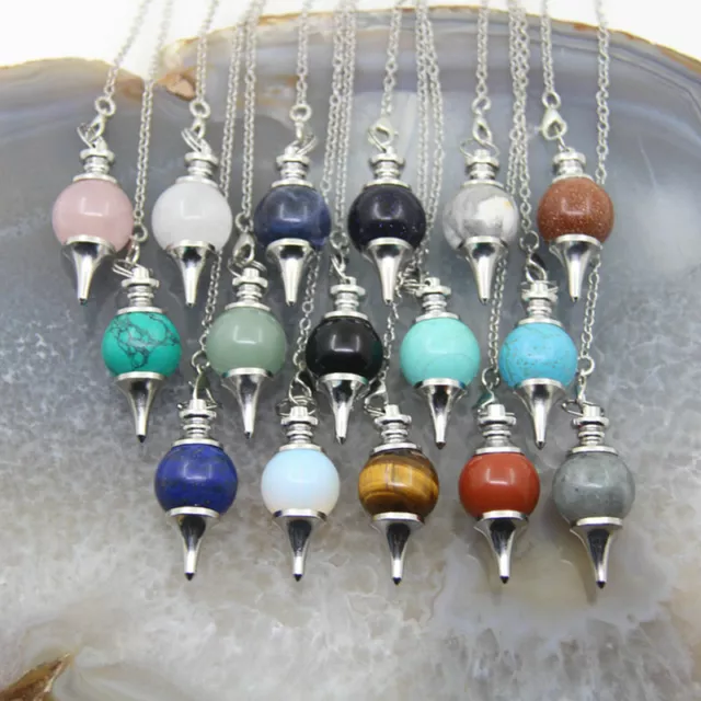 AAA Natural Gemstone Quartz Crystal Pendant Bead Dowsing Reiki Pendulum Necklace