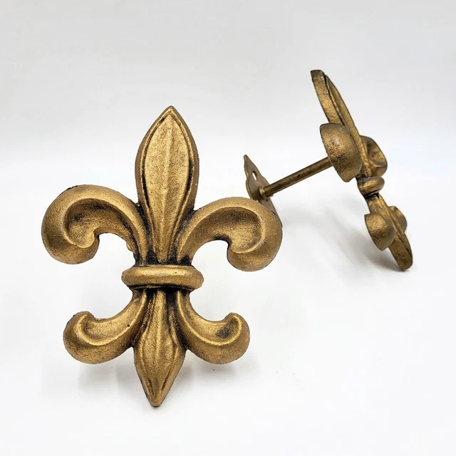 2 Antique Tiebacks Fleur de Lys Curtain Holders Gold Toned 1920s Large6.75 "Pair