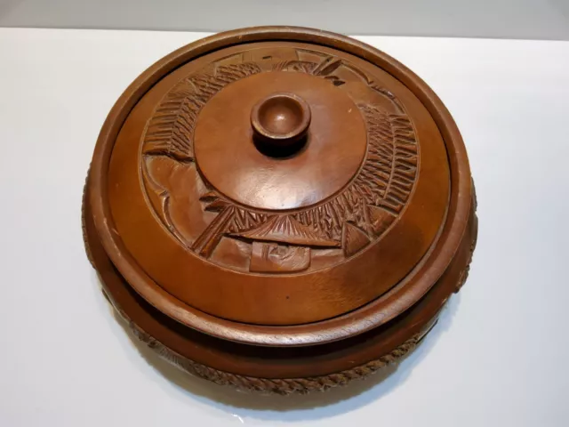 Antique/Vintage Wood Hawaiian Carved Bowl Lid and Base Oriental? 15x8