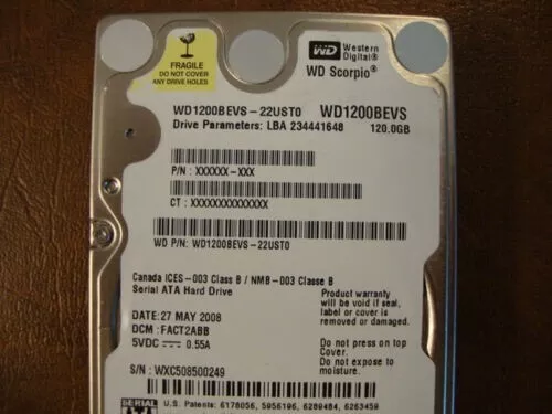 **For Parts Only** WD WD1200BEVS-22UST0 DCM:FACT2ABB  120gb Sata 2.5" Hard drive