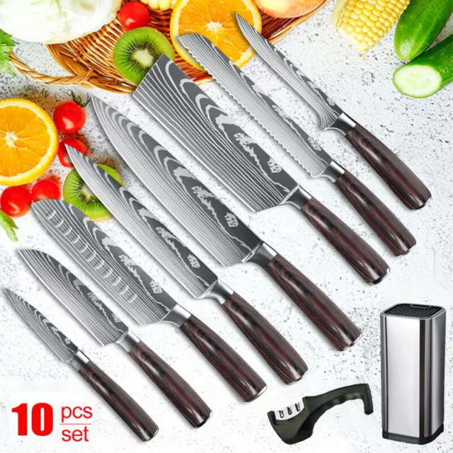 10 Piece Kitchen Knife Set Japanese Stainless Steel Chef Damascus Pattern Knives