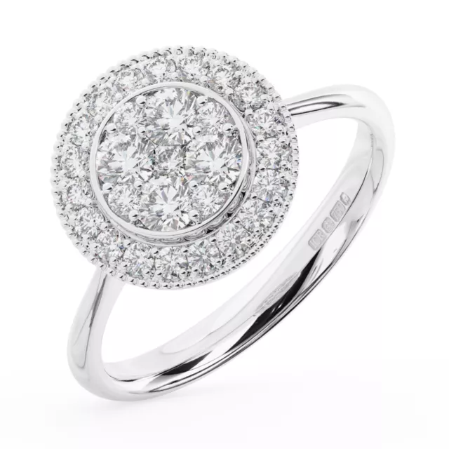 12.5 MM,  Cluster Set Round Brilliant Cut Diamond Engagement Ring 18K White Gold