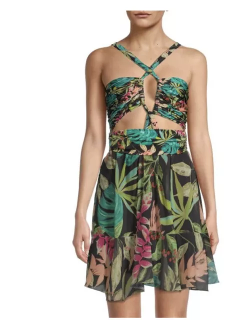 PatBO Tropicana strapless minidress strappy cut out bodice palm print sz M NWT