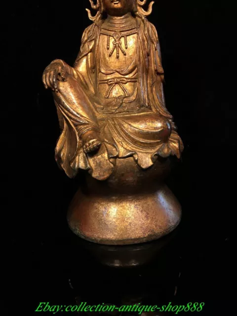 Old Chinese Bronze Gilt Buddhism Seat Kwan-yin Guanyin Quan Yin Goddess Statue 3