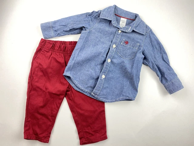 Carters Baby Boy 6 Months Blue Chambray Shirt Red Pants Outfit Airplane Pocket