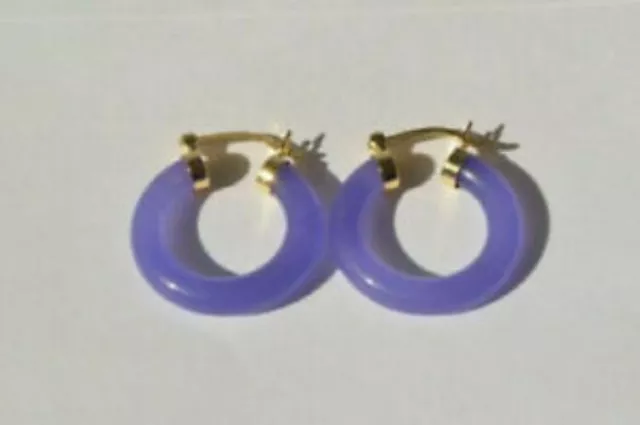 Grade Top Natural Purple Jade semicircle Hoop 18KGP yellow Gold Earrings 25mm