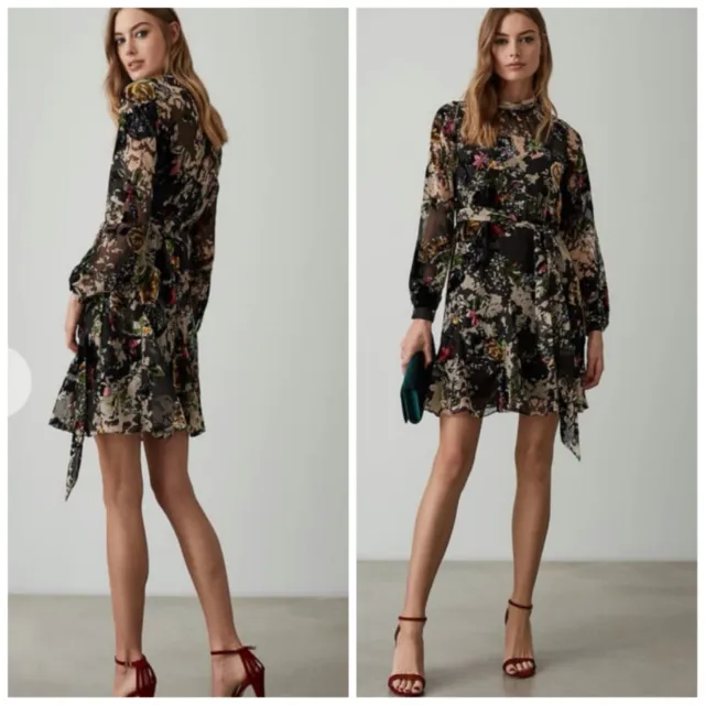 REISS / ALBERTA sheer velvet burnout long sleeve navy floral dress US 0 UK  4 £149.70 - PicClick UK