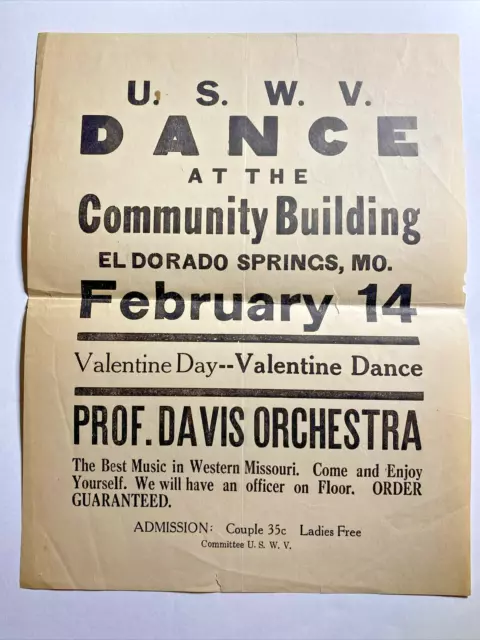 United Spanish War Veterans USWV Paper handbill flyer For Missiouri Dance w Band 2