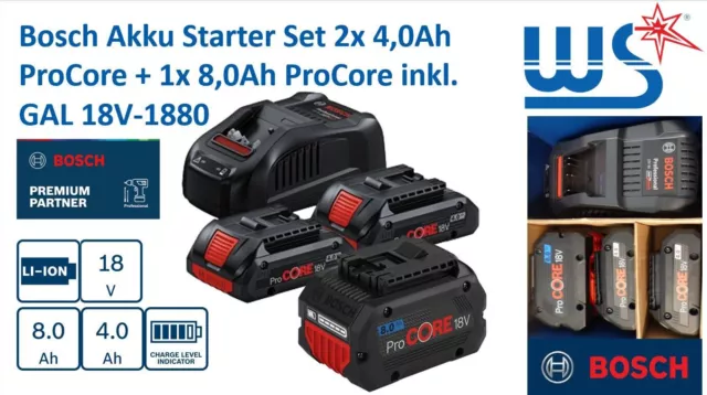 Bosch Akku Starter Set 2x 4,0Ah ProCore + 1x 8,0Ah ProCore inkl. GAL 18V-1880