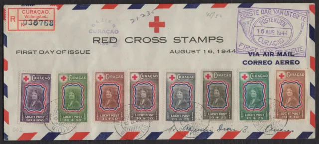 CURACAO 1944, Red Cross Set Surtax, Registered FDC Cover, Sc CB13/20, Mi 212/19