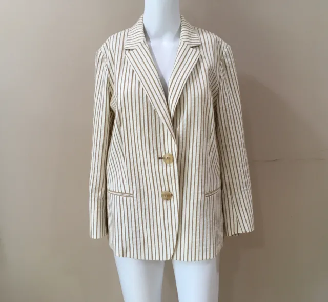 Lafayette 148 Womens Ivory Tan Stripe Two Button Jacket Blazer Size 10 Career