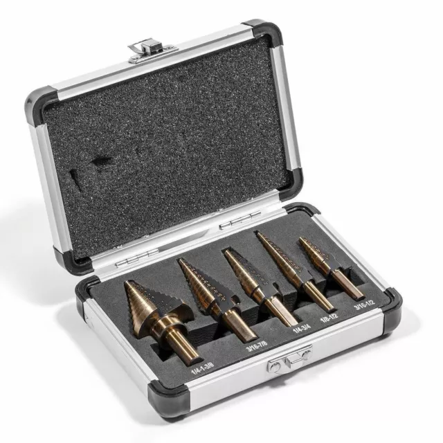 5Pc Pro Titanium Step Hss Polished Drill Bit Set Aluminum  Case Sae Standard