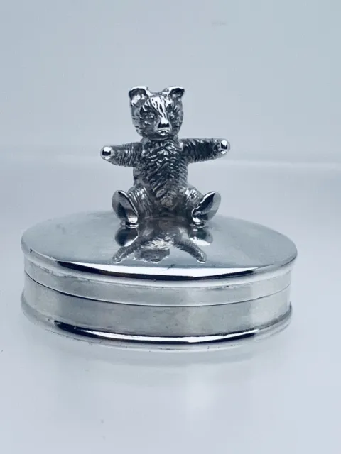 Vintage Oval Teddy Bear Tooth Fairy Pot Pill Box Sterling Silver Hinged Lid