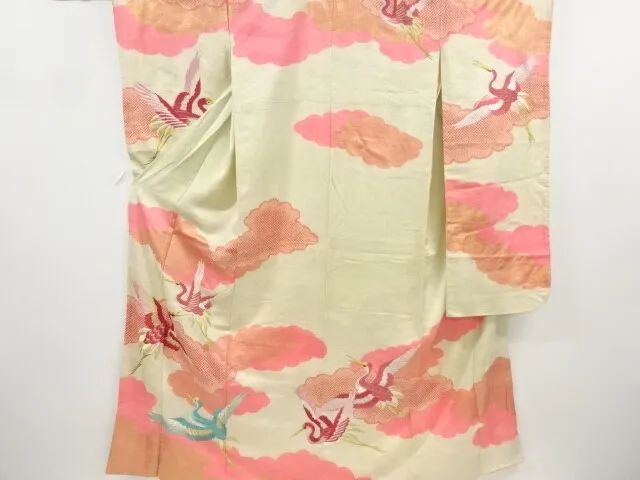 11365# Japanese Kimono / Antique Furisode / Embroidery / Cloud & Cranes