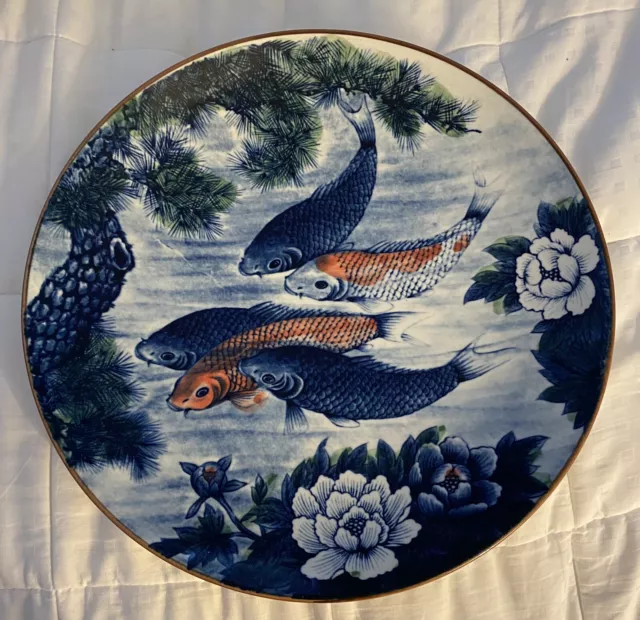 JAPANESE KOI FISH Platter / Plate Blue Lotus Flower Detail Porcelain ...