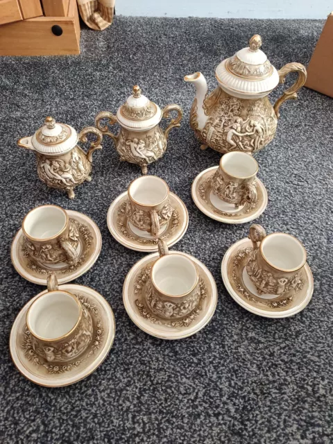 Very Rare Vintage Capodimonte MAS Tea Coffee Set 6 Embossed Gold Rim Very Good