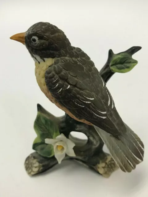 Ceramic Robin Bird Figurine on a Branch Signed D Grossman