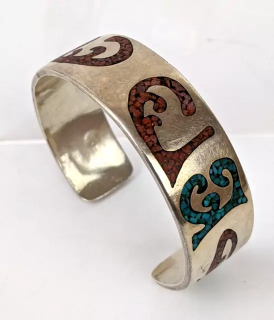 Sterling Silver Native American Turquoise Coral Chip Inlay Cuff Bracelet 6.25"