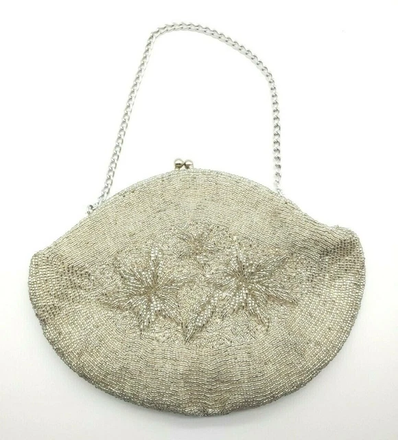 WALBORG Vintage Hand Made Ivory Beaded Formal Clutch Purse Chain Strap Kiss Lock