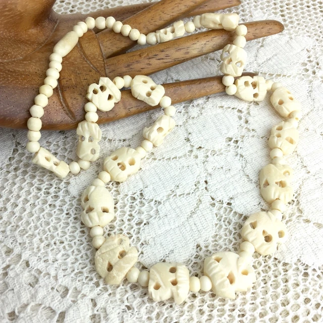 Vintage Elephant Bead Necklace 40s Hand Carved Totem Spirit Animal Folk Art Luck