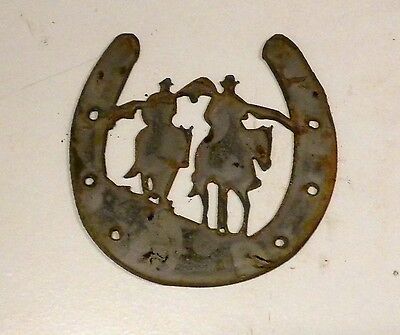 6" Cowboys & Horses in Horseshoe Rusty Rough Metal Wall Art Vintage Craft Sign