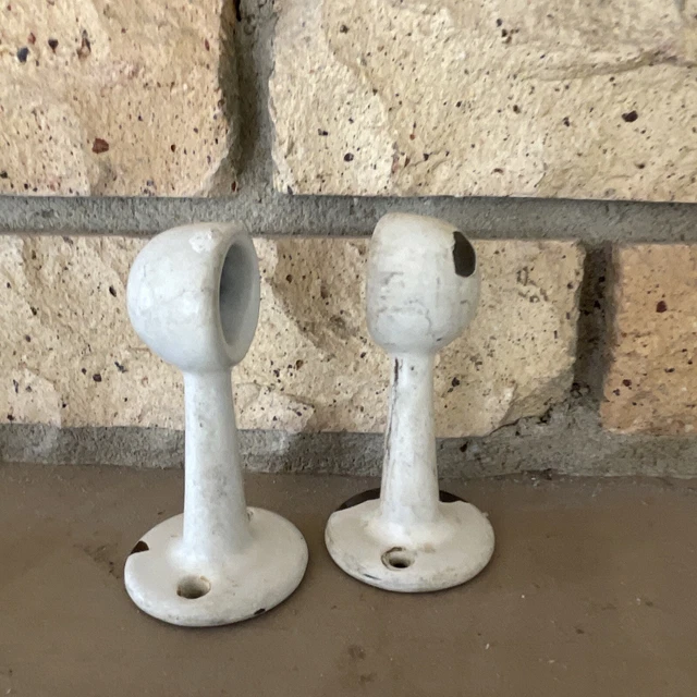 2 VTG Porcelain Iron BATHROOM Towel Rod Holder Brackets Antique Hardware Rustic
