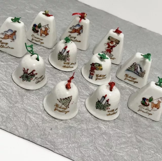 Vintage 11 Mini Christmas Bell Ornaments Made in Japan Porcelain 1950s