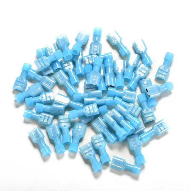 100x Blue Fully Insulated Nylon Female Spade Crimps Connectors Terminals 16F#km 2